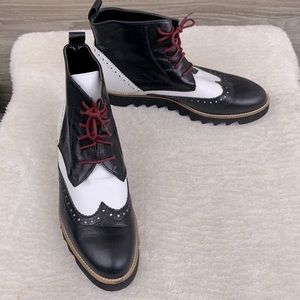 Tipe e Tacchi black white leather wingtip lace up Chelsea boots burgundy laces